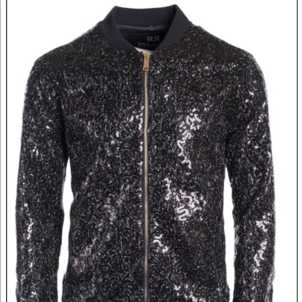 Men Sequin Fashion Jacket Bomber Black Bling XL